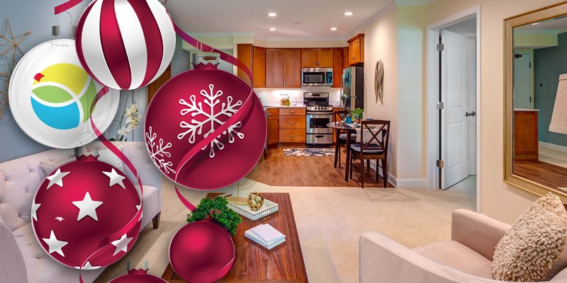Interior of living room and kitchen with Christmas ornaments photoshopped on top